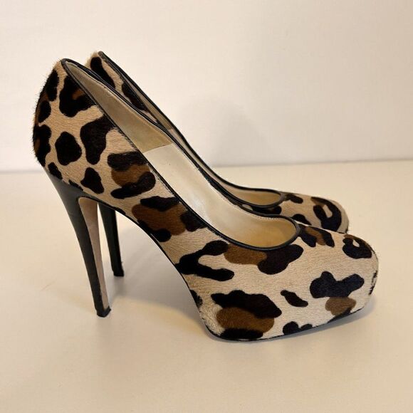 Brian Atwood Leopard Print Calf Hair Slip On Platform Pumps - Picture 5 of 7